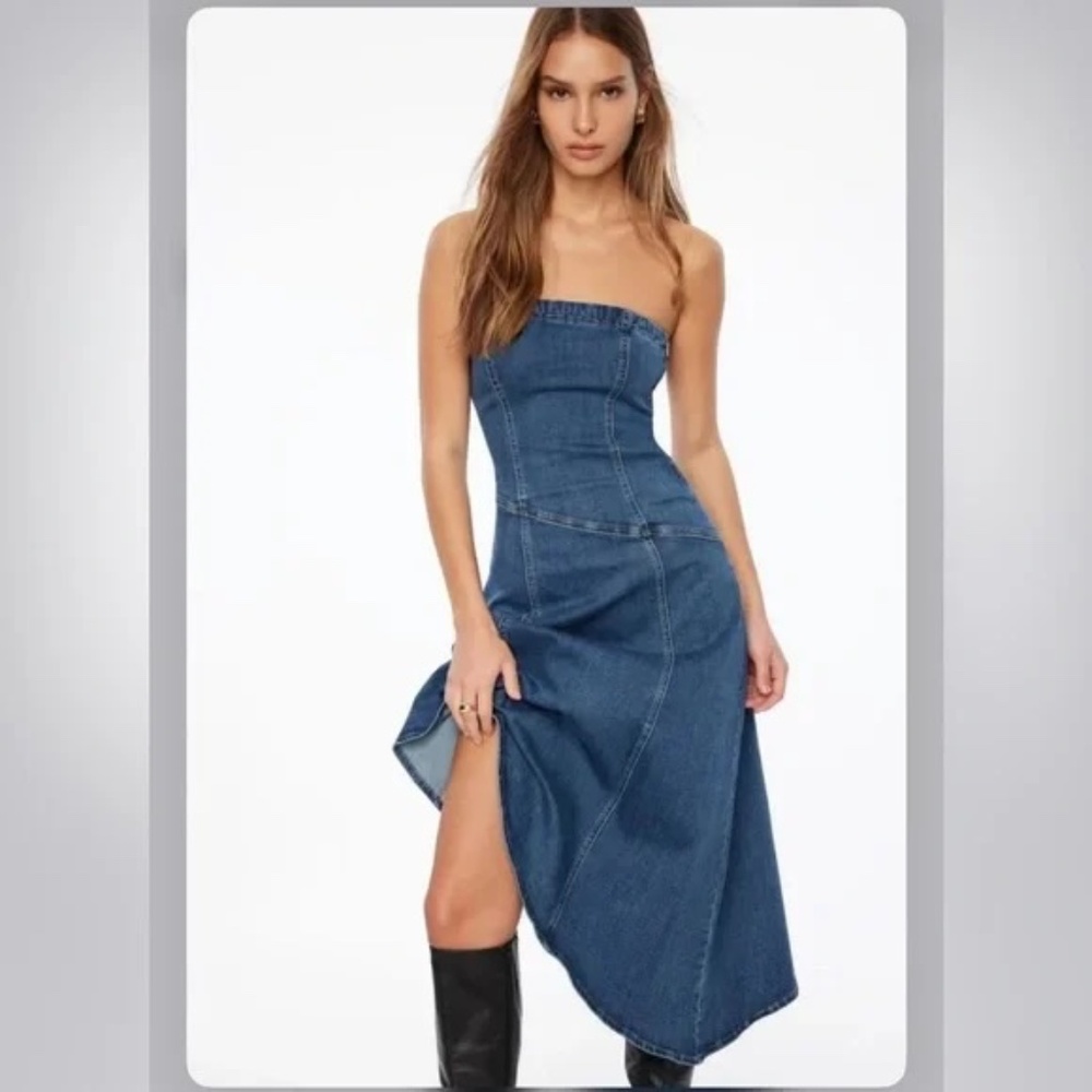 NWT DYNAMITE DENIM flared tube jean dress size XS asymmetrical corset strapless